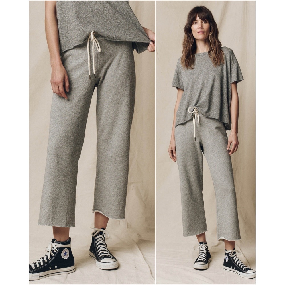 THE GREAT Varsity Grey Wide Leg Cropped Sweatpants Raw Hem Size 2